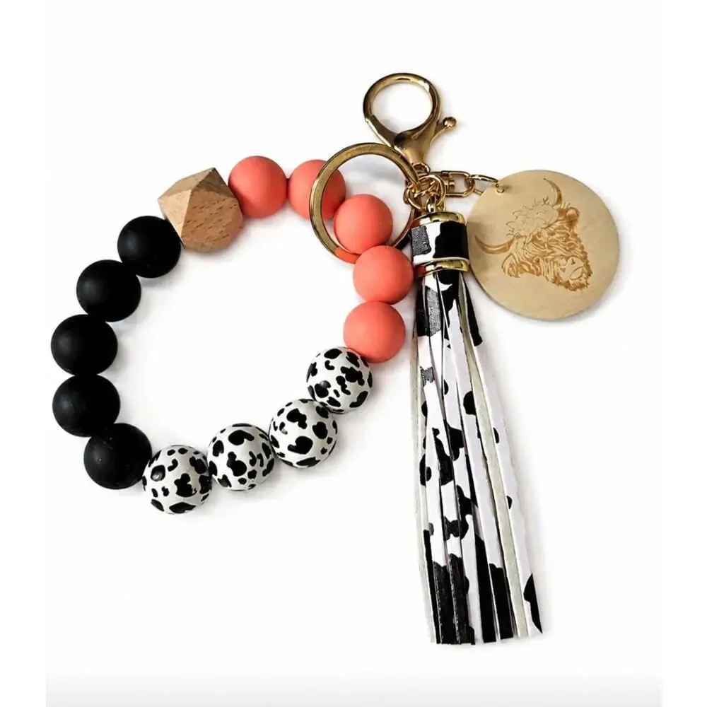 Silcone Black Mellon Cow Beaded Wrist Bag Charm New